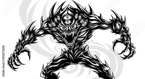Terrifying monstrous entity with multiple eyes and sharp claws, ready to attack.