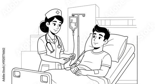 Nurse tending to a patient in a hospital bed, providing medical care and support.