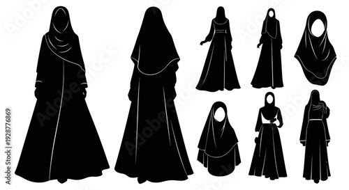 Modest Muslim Woman Fashion Silhouette Set With Hijab And Abaya