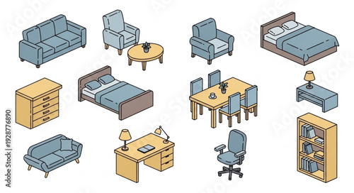 Isometric view of various furniture pieces for home and office decor, including sofas, beds, and tables.