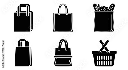 Variety of Shopping Bags and Retail Basket Silhouette Vector Icons