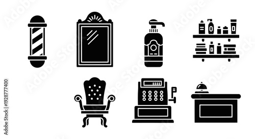 arber Shop Interior Elements and Furniture Silhouette Vector Icon Set