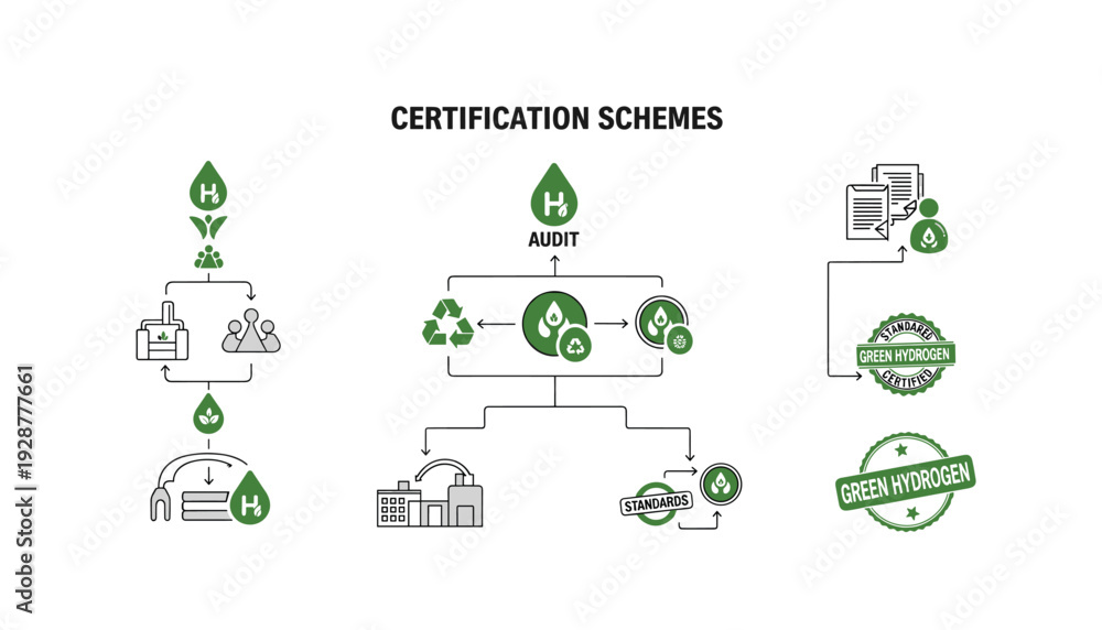 Fototapeta premium Green hydrogen certification process flowchart with audit and standards