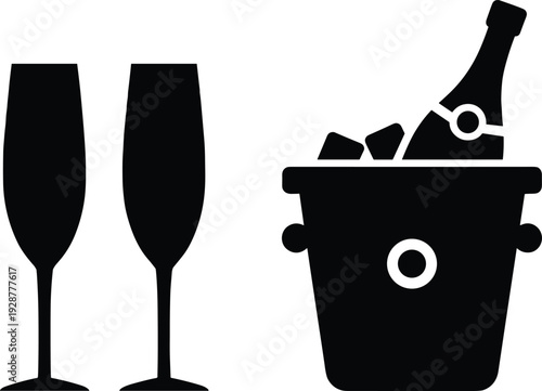 Champagne Bottle In Ice Bucket With Two Flute Glasses Black Silhouette Vector Icon For Luxury Celebrations Weddings Parties Anniversaries And Special Event Catering Designs
