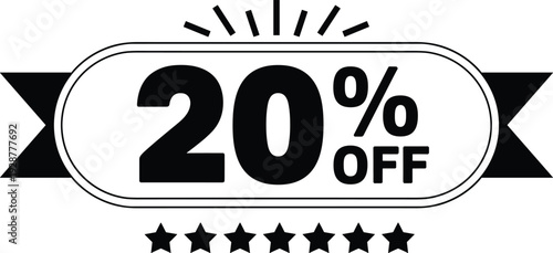 20 percent off discount badge label sale promotion black and white emblem with stars isolated vector illustration