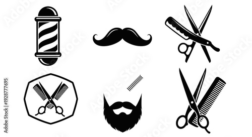 Barbershop Hair Salon Grooming Tools and Masculine Style Icon Set