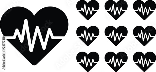 Heart pulse icon set cardiology medical symbol heartbeat waveform black silhouette vector isolated on white background