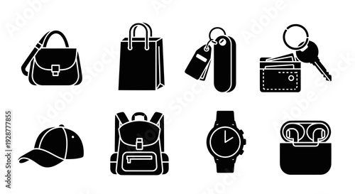 Set of Black Silhouette Everyday Fashion Accessories and Personal Items