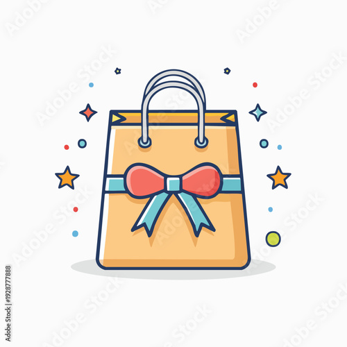 Gift Bag with Red Bow and Blue Ribbon Illustration.
