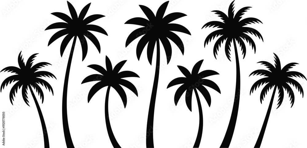 Fototapeta premium Palm tree silhouette set tropical island summer beach black vector illustration collection isolated on white background