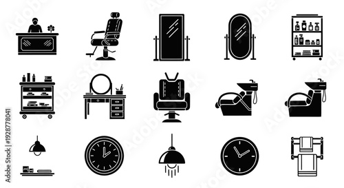 Professional Beauty Salon and Barbershop Furniture and Interior Icon Set