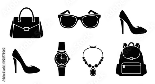 Set of Black Female Fashion Accessories Icons on White Background