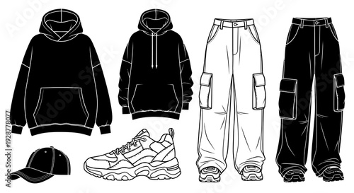 Urban Streetwear Clothing Silhouette Set with Hoodies and Cargo Pants