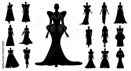 Extensive collection of dramatic haute couture female fashion dress silhouettes