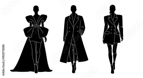 Elegant high fashion female models walking in designer luxury outfits