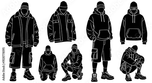 Urban Male Fashion Silhouette Set Wearing Streetwear Outfits And Hoodies