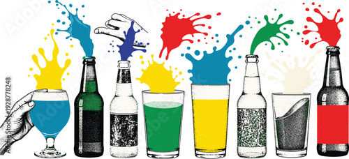 Assorted beverages in various glass bottles and colorful splashes