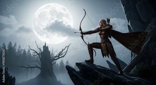 Female archer in dark fantasy landscape aims bow under moonlight with dark forest and bare trees