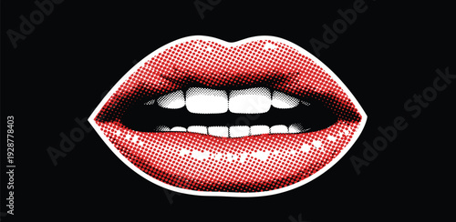 A close-up illustration of red lips with white teeth against a black background from a frontal viewpoint showing detailed texture and shading