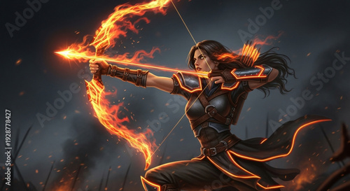 Woman in black outfit shooting flaming arrow in dark background with orange glow