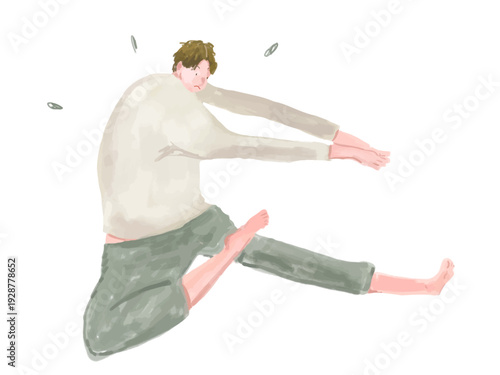 一生懸命にストレッチやダイエットに励む男性の手描き風イラスト