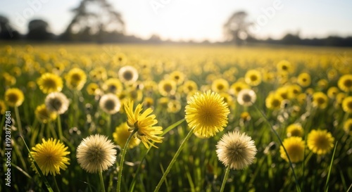 Field of Dandelions in Blooming Landscape.