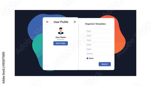 Modern user profile and organism template interface on colorful background