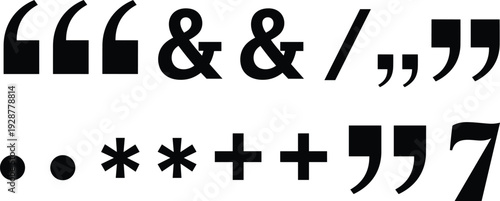 Collection of black silhouette vector icons featuring various quotation marks ampersands slashes and asterisk symbols for creative copywriting publishing and modern typographic graphic design.