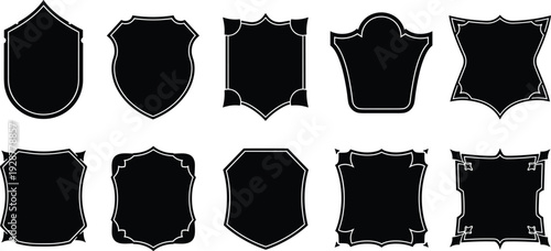 Collection of black silhouette vector icons featuring various vintage shield shapes heraldic emblems and decorative plaque frames for creative branding and trophy designs.