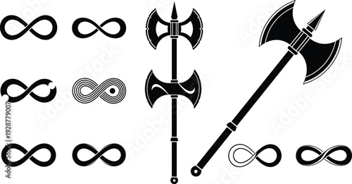 Collection of black vector silhouettes including various infinity symbols and medieval double-headed battle axes for fantasy gaming, tattoo designs, strength concepts and creative graphic projects.
