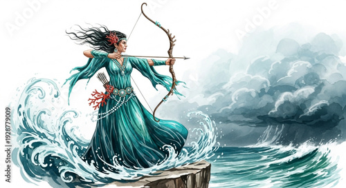 Woman in teal dress shooting bow and arrow standing on rocky cliff amidst turbulent ocean waves and stormy weather