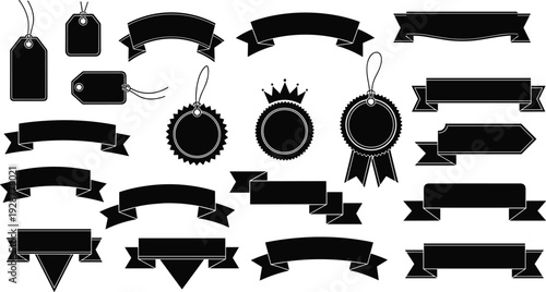 Collection of black vector silhouettes including various ribbon banners, price tags, product labels and decorative badges for retail marketing, sales promotions and branding.