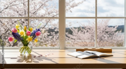 Colorful Flowers in Vase on Wooden Desk.