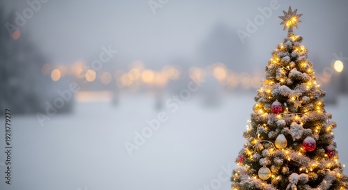 Christmas Tree by Snowy Lake at Night.