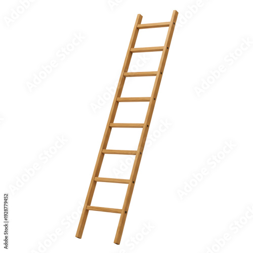 Angled light brown wooden ladder with nine rungs isolated on white background