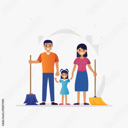 Happy Family Engaged in Cleaning Activities Together.