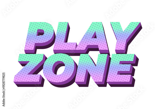 3d retro block text reading play zone in gradient mint to lavender with dotted texture and purple shadow on white background.