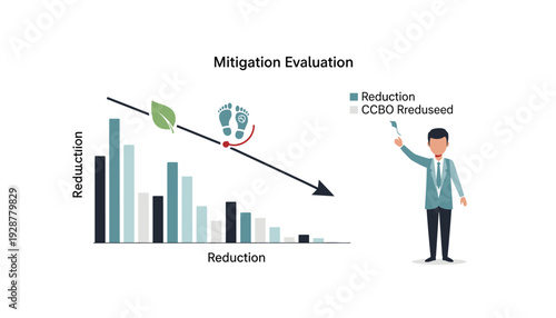 Businessman presenting mitigation evaluation with bar graph and reduction strategy