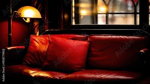 banquette. An inviting red leather banquette in a cozy Parisian bistro. real-estate listings, architecture portfolios, designed for interior renovation comparisons for interiors.