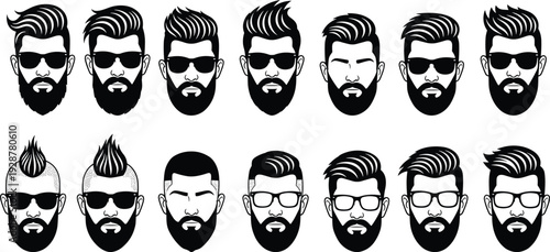 Bearded men hairstyle icons collection, modern barber fashion faces set, hipster male avatars, stylish haircut silhouettes, vector illustration bundle pack