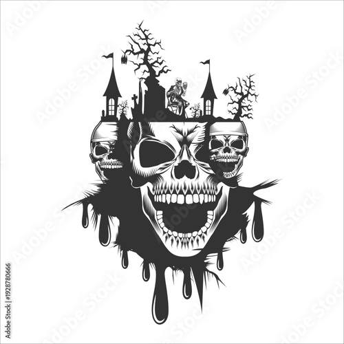 Monochrome illustration of skull. On white background
