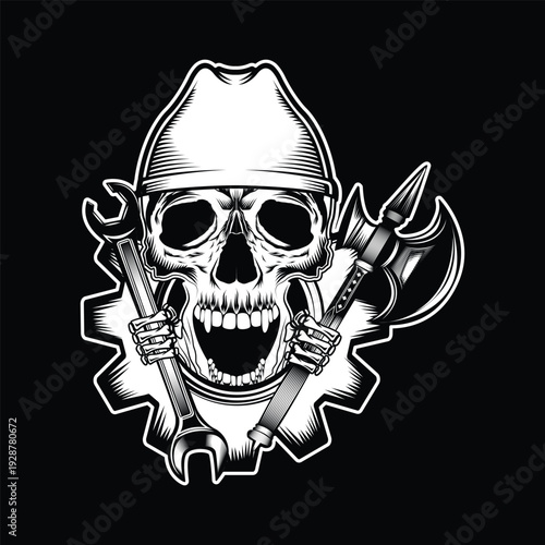 Monochrome illustration of skull. On white background
