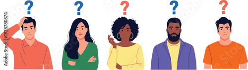 Confused people illustration set, diverse characters with question marks, thinking emotions concept, uncertainty expression avatars, modern flat design vector collection