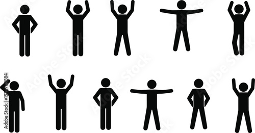 Stick figure people silhouette set, human gesture icons collection, body language poses, simple social characters, minimal vector illustration design pack