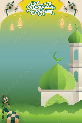 Ramadan Kareem greeting card background featuring elegant calligraphy, Islamic geometric patterns, hanging lanterns, and traditional Ketupat ornaments. A festive and spiritual vertical layout with cop