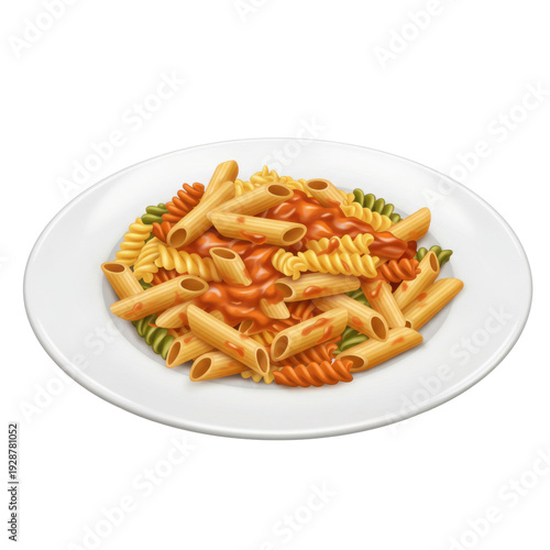 Colorful pasta dish with tomato sauce close up isolated on white background