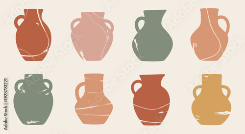 Collection of Eight Abstract Ceramic Vases in Earthy Tones.