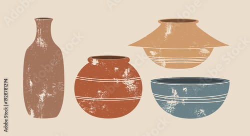 Collection of Four Rustic Ceramic Pottery Vases and Bowls.