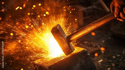 redhot. A red-hot iron bar being forged into a horseshoe shape on an anvil, sparks flying. safety posters, maintenance manuals, designed for industrial assembly lines and welding operations.