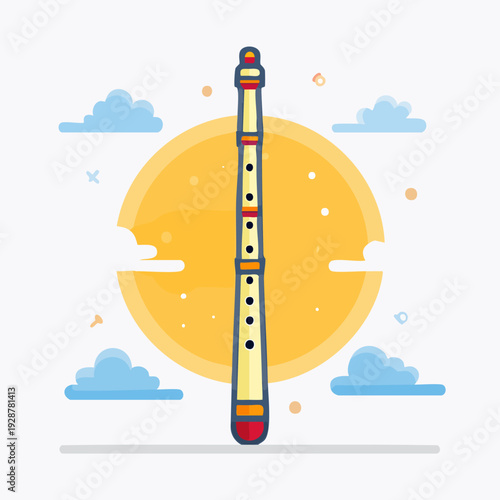 Musical instrument flute with sun and clouds background illustration.